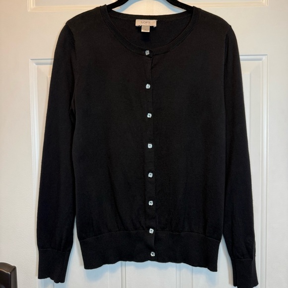 ANN TAYLOR LOFT Square Rhinestone Button Front Long Sleeve Black Cardigan Sz M - Picture 1 of 11